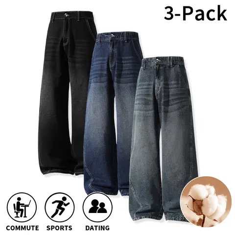 Men's Stylish Cotton Wide Leg Jeans, Loose Baggy Cut, Vintage Washed Finish, Roomy Thigh Design, Breathable Cotton Blend, Great for Adult Men for Dating, Casual Walking & City Street Style