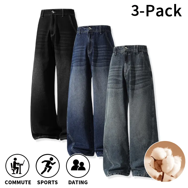 Men's Stylish Cotton Wide Leg Jeans, Loose Baggy Cut, Vintage Washed Finish, Roomy Thigh Design, Breathable Cotton Blend, Great for Adult Men for Dating, Casual Walking & City Street Style