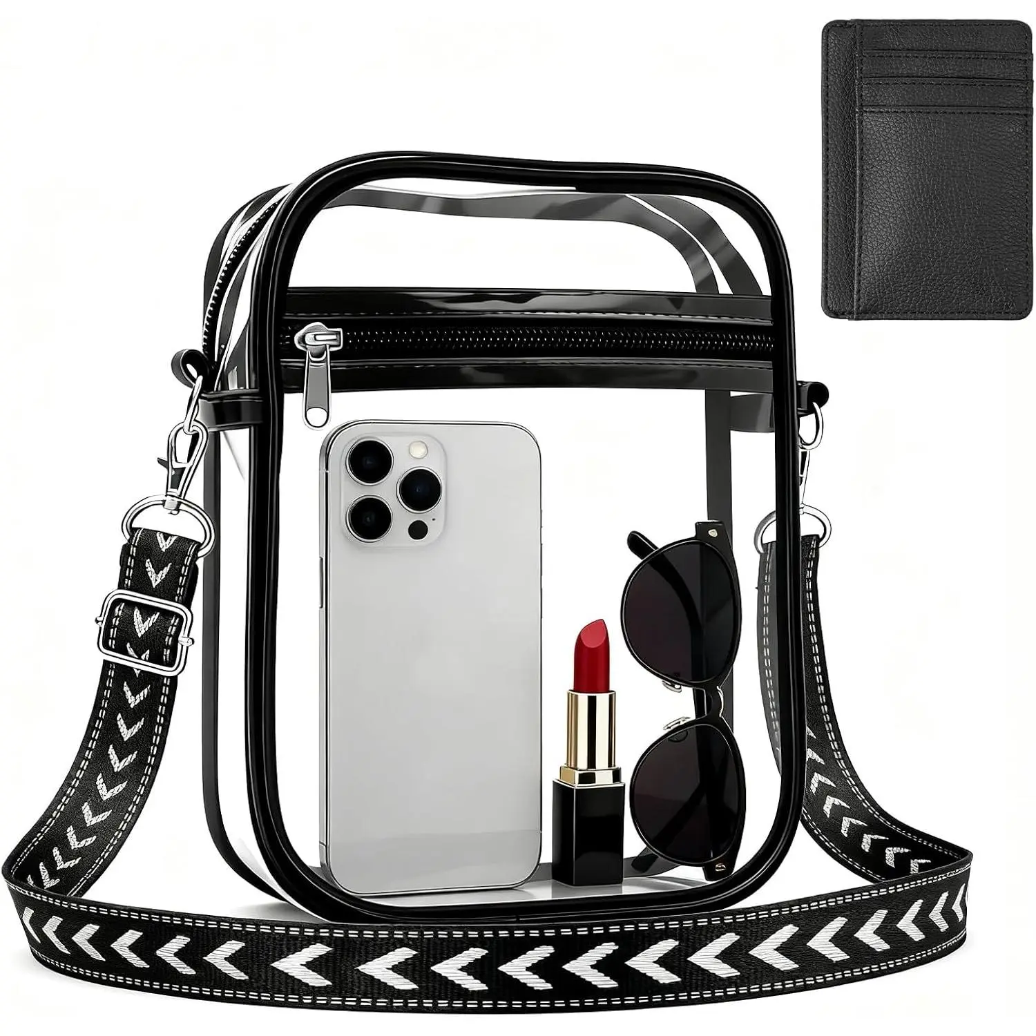 Women's Transparent Crossbody Purse - Adjustable Jacquard Strap, Slim Front Pocket Wallet, Modern Synthetic Fashionable Cross Body Handbag, Daily Use Bag, Casual, Durable, High-Capacity Design