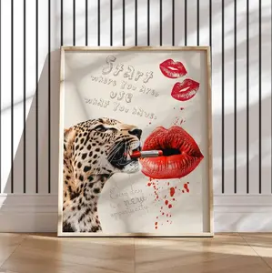 leopard print kisses red lipstick wall art vogue wall decor trippy wall art cheetah poster tiger digital print with girly motivation quotes Poster ( PRODUCT DOES NOT INCLUDE FRAME )