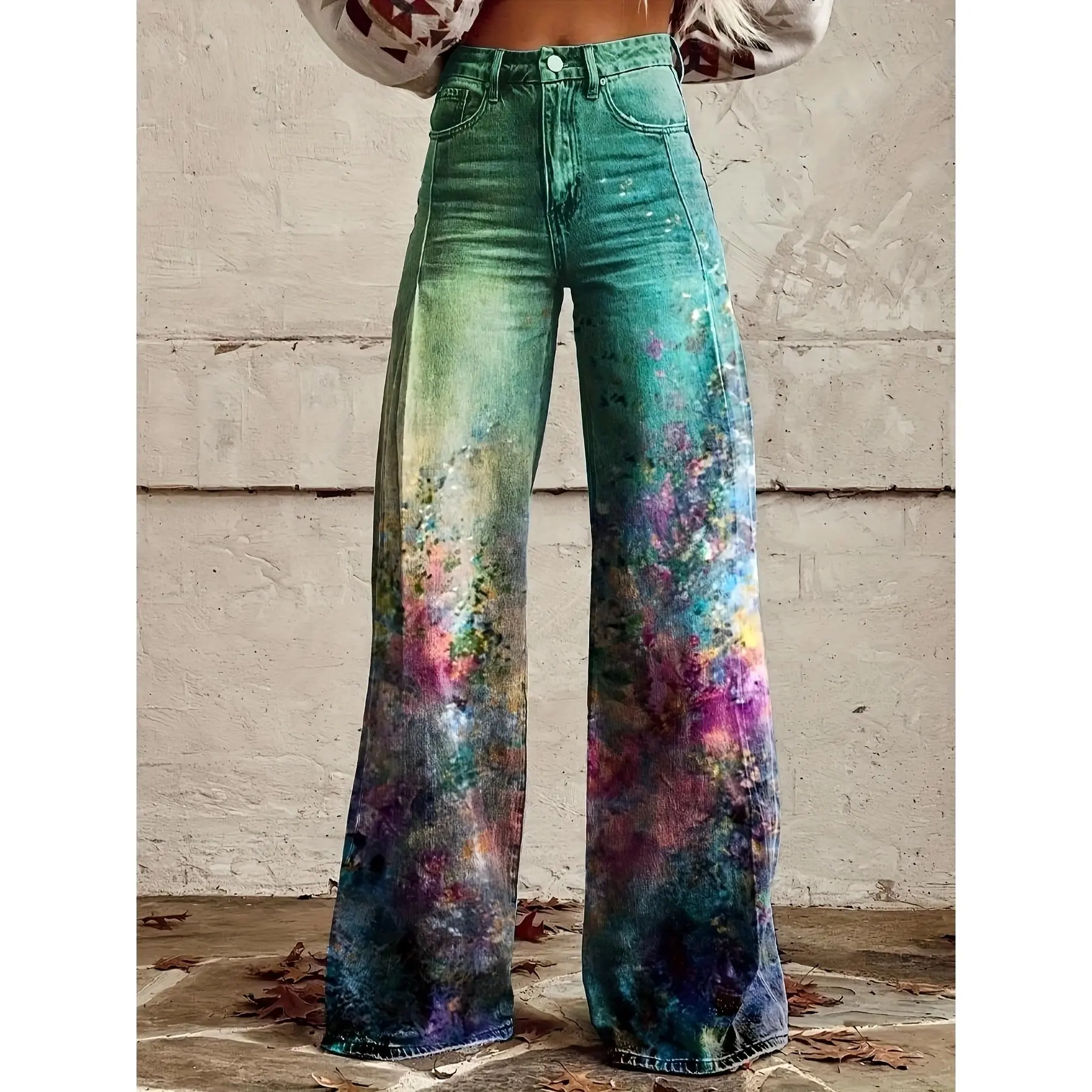 Lady's Multicolor Retro 3D Floral All-Over Print Floor-Length Wide-Leg Bootcut Jeans - Ombre Wash Snowflake Denim Pants, Mid Waist, Button-Accented, Loose-Fit, Comfy, Machine Washable Vintage Streetwear Clothes for Sports & Outdoor, Casual