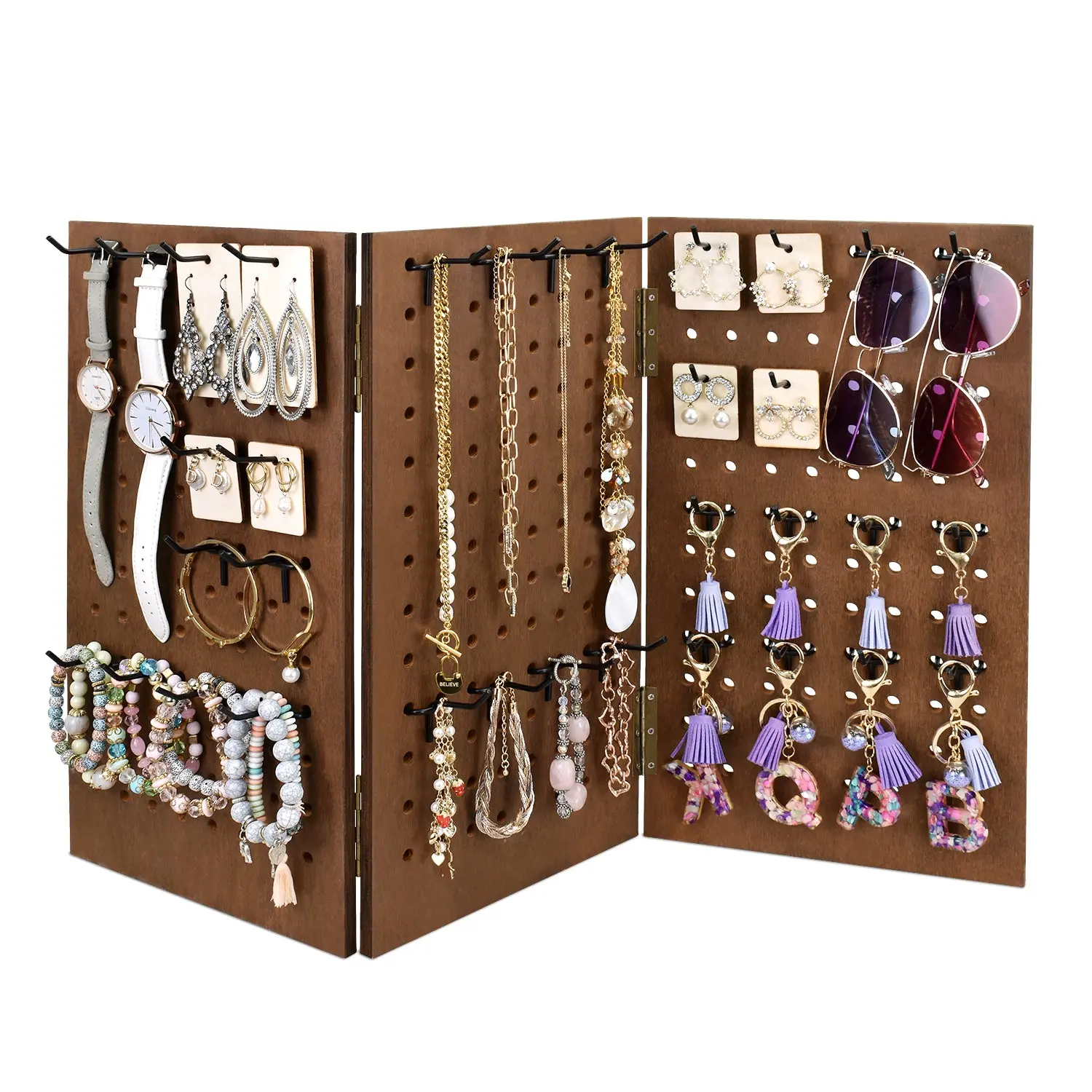 #WDT7343BR Wooden Foldable 3-Panel Jewelry Pegboard Display with 48 Removable Black Hooks, Brown Color