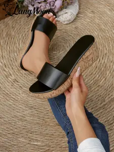 Langmoon 2026 Fresh Simple Wedge Sandals, Dreamy Single Strap, Soft Wood Heel Design, Toe-Exposed, Anti-Slip, Spring Summer