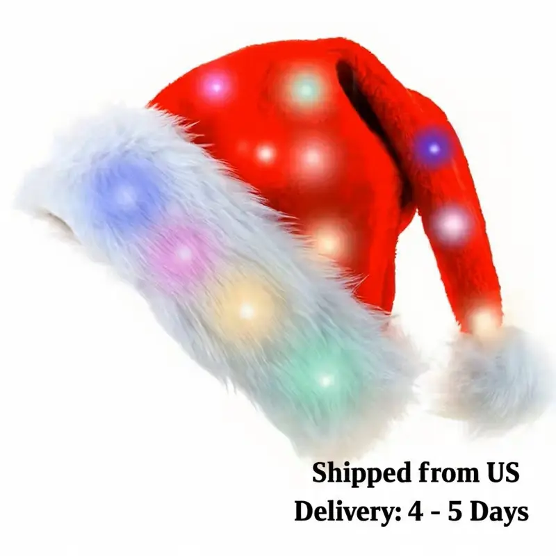 LED Light-Up Santa Hat for Adults & Kids – Deluxe Plush Red Xmas Cap, Flashing Christmas Party Hat, Cozy Holiday Costume Accessory