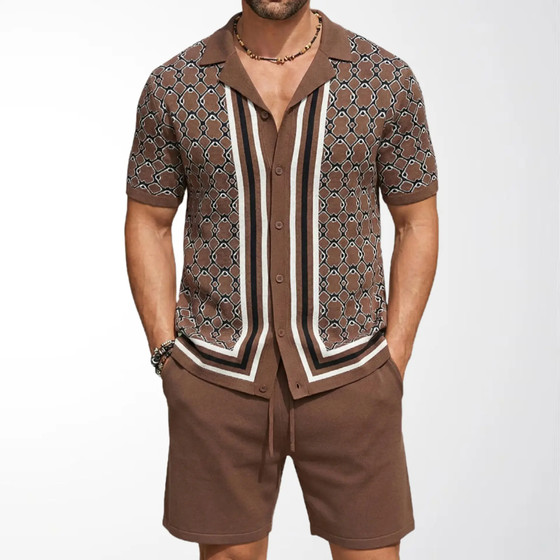 KZZ Men's Cuban-Collar Knit Set New Summer Collection Geometric Jacquard Short-Sleeve Cardigan and Shorts Two-Piece Set Menswear Clothes