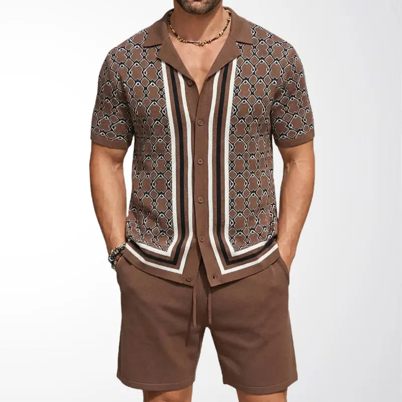 KZZ Men's 2-Piece Cuban-Collar Knit Matching Set - New Summer Collection, Geometric Jacquard Short-Sleeve Cardigan & Shorts, Fitted Fashion Casual Menswear