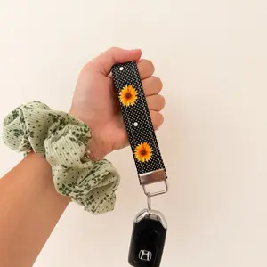 Black Sunflower Keychain Wristlet, Keyfob