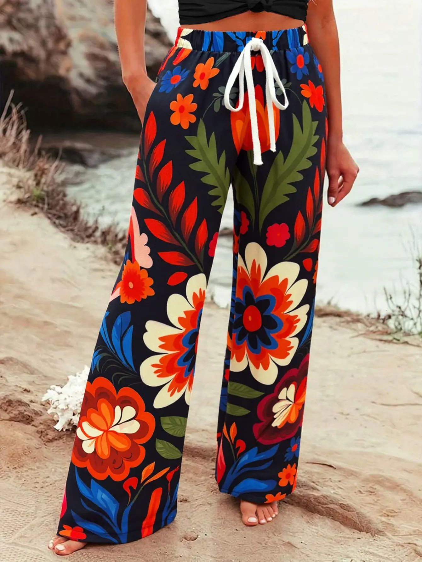 Women’s boho floral wide-leg palazzo pants, high waist with elastic drawstring waistband, casual beach vacation style, side pockets, loose fit lounge trousers