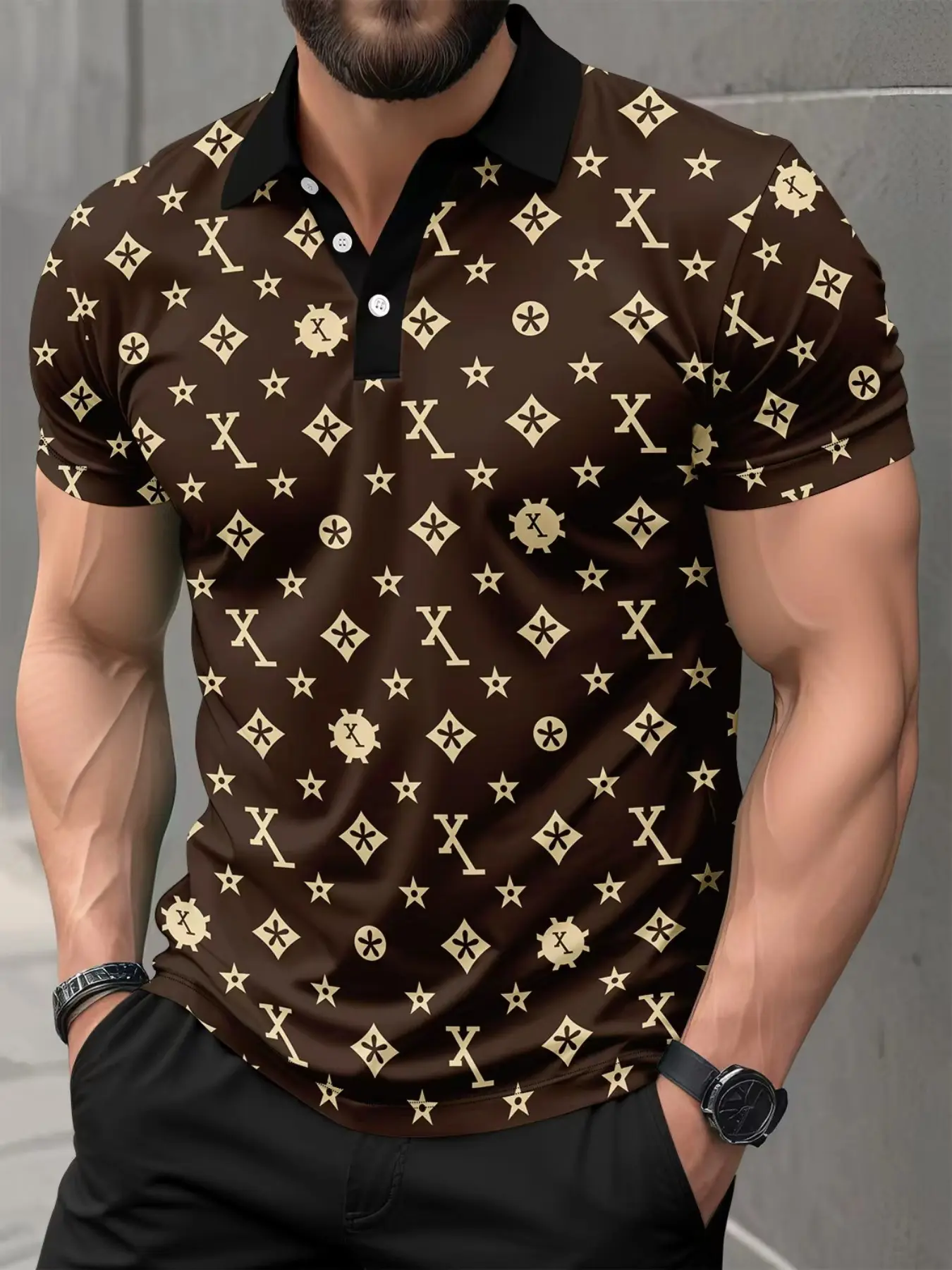 Men's Luxury Classic Geometric Monogram Print Polo Shirt, Printed Polo Tops, Brown Gold Retro Graphic Pattern, Short Sleeve Casual Slim Fit for Summer Daily & Business Wear
