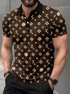 Men's Luxury Geometric Monogram Print Polo Shirt, Brown Gold Retro Pattern, Short Sleeve Casual Slim Fit for Summer Daily & Business Wear