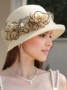 Women's Elegant Straw Hat, Fashionable Flower Decor Sun Hat for Women & Girls, Casual Versatile Sun Protection Hat for Outdoor Activities