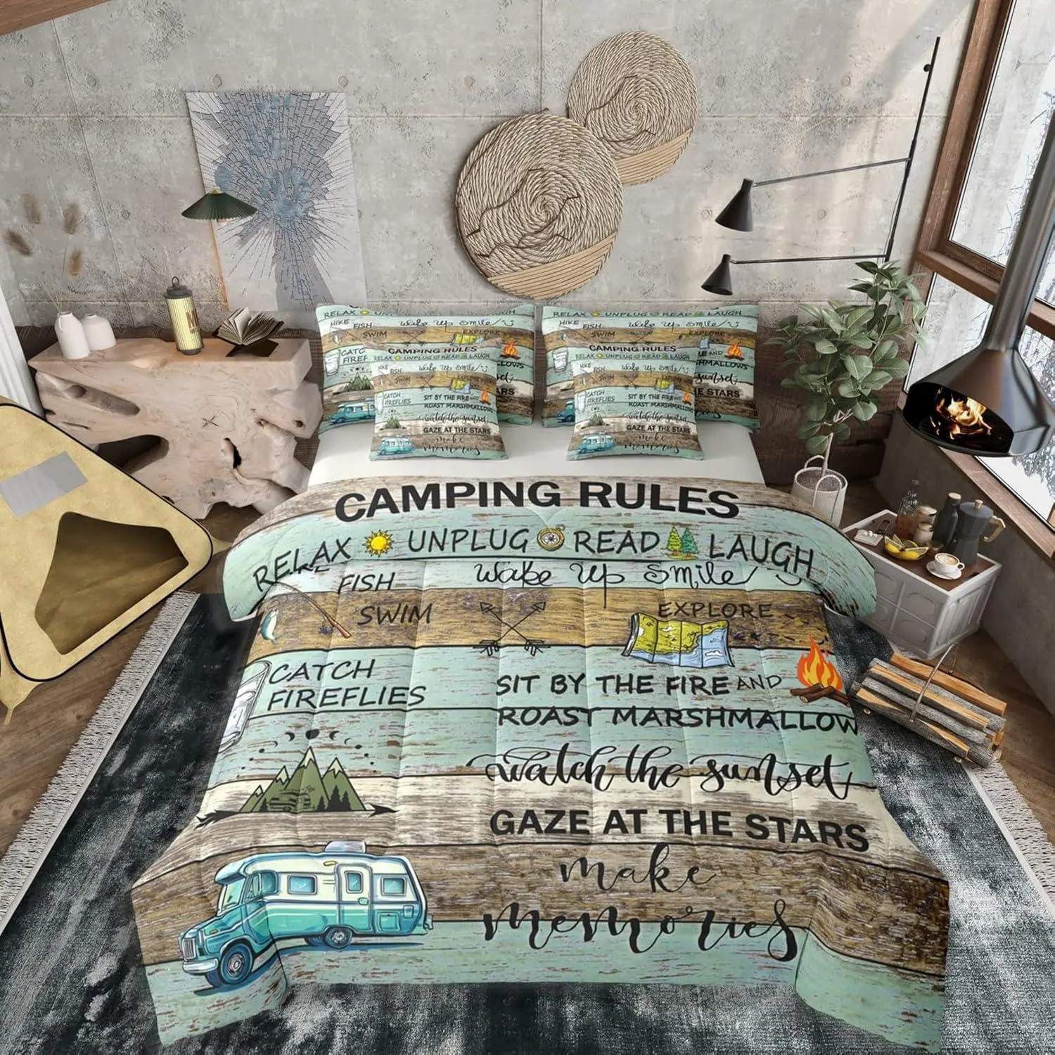 Camping Rules Comforter Set with Sheets | Camper 7-Piece Bedding Set Rustic Cabin Camping Bed in a Bag,Farmhouse Bed Sets,Vintage Wooden Plank Happy Camping Decor
