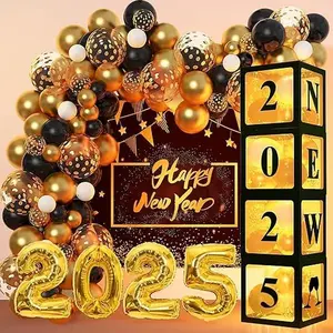 171PCS New Years Eve Party Decorations Supplies 2025, Black and Gold Balloons Arch Garland Kit 4Pcs Balloon Boxes with Lights Letters Numbers( A-Z+0-9) Happy New Year Birthday Holiday Decor