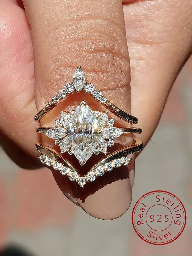925 Sterling Silver Gorgeous Marquise V-shaped Three Piece Zircon Ring For Women Wedding Luxury  Fine Jewelry