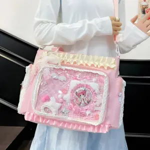 Y2k New Sweet Ita Shoulder Bag Lolita Girl Transparent Crossbody Bag Women Large Capacity Lace Tote Bag Cute DIY Display Handbag