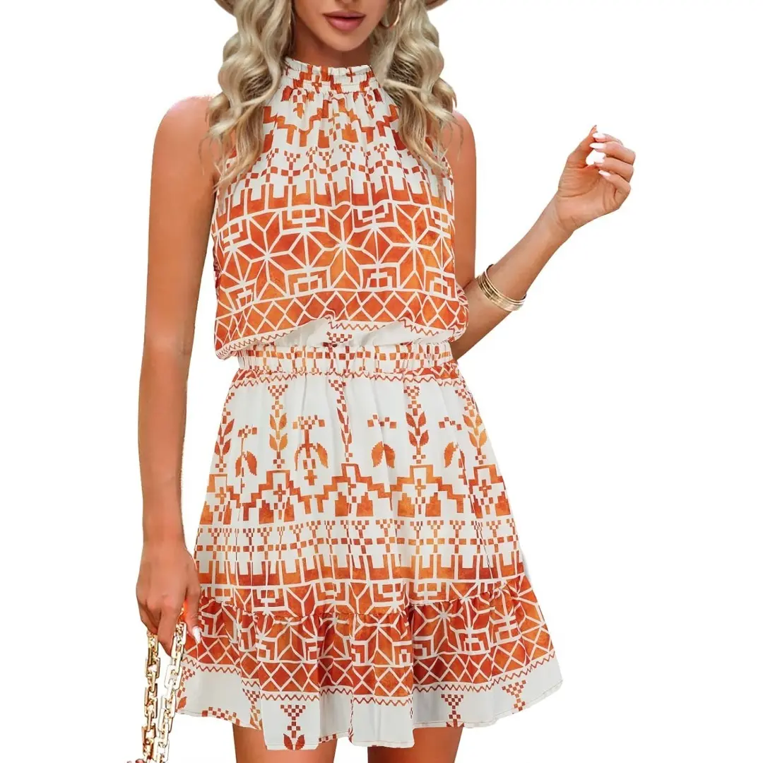 Saodimallsu Women's Summer Chiffon Fabric Dress - Breezy Halter, Backless, Keyhole, Spaghetti Sleeveless, Ruffled Hem, Flowy Fitted Minimalist Bohemian Outfits, Above Knee, All Over Print, Cute for Beach, Evening