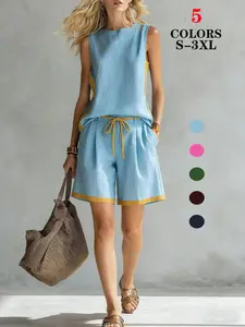 2026 Summer Women Sleeveless Top Color Block Two Piece Set Casual Fashion Wide Leg Pants Matching Outfits Trendy Daily Women Clothing