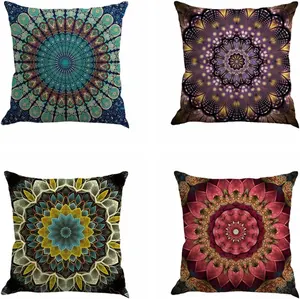 Set of 4 Retro Floral Mandala Compass Medallion Bohemian Pillow Covers Boho Decor Hippie Throw Pillows Decorative for Sofa Couch 18 x 18
