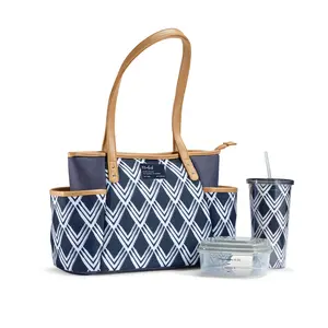 Fit & Fresh Navarto Adult Insulated Lunch Bag with Side Pouches & Carry Handles, Complete Lunch Kit Includes Matching Tumbler & Reusable Food Container, Navy