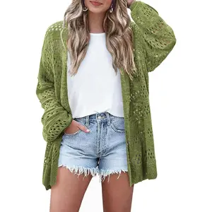 Lightweight Crochet Cardigan for Women Long Sleeve Open Front Knit Oversized Cardigans Sweaters