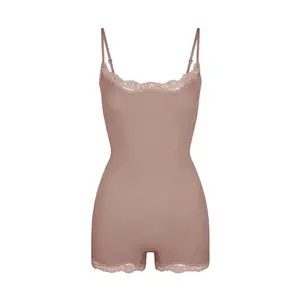 Lunaclo Lace Series Women's Spaghetti Strap Lace Trim Breathable Quick-Drying Flexible Bodysuit, Chic Lightweight High Stretch Playsuit, Seamless Basic Skin-Friendly Nightdress