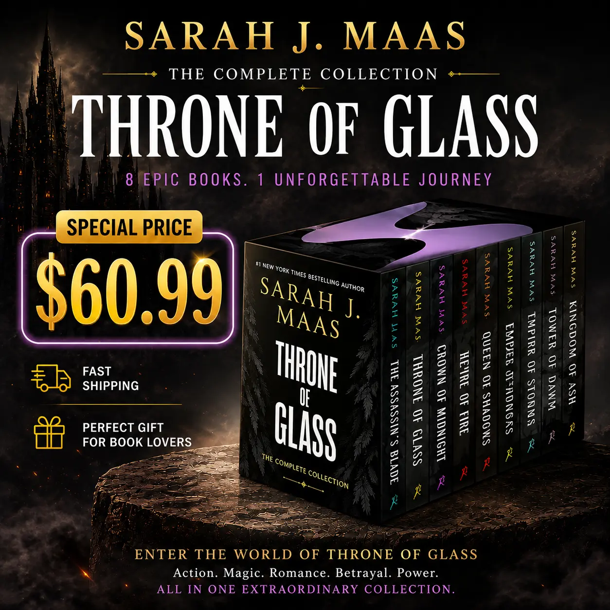 Throne of Glass 8-Book Paperback Box Set by Sarah J. Maas, BookTok Viral Best Selling Novels, Fantasy Literature Book Series Set