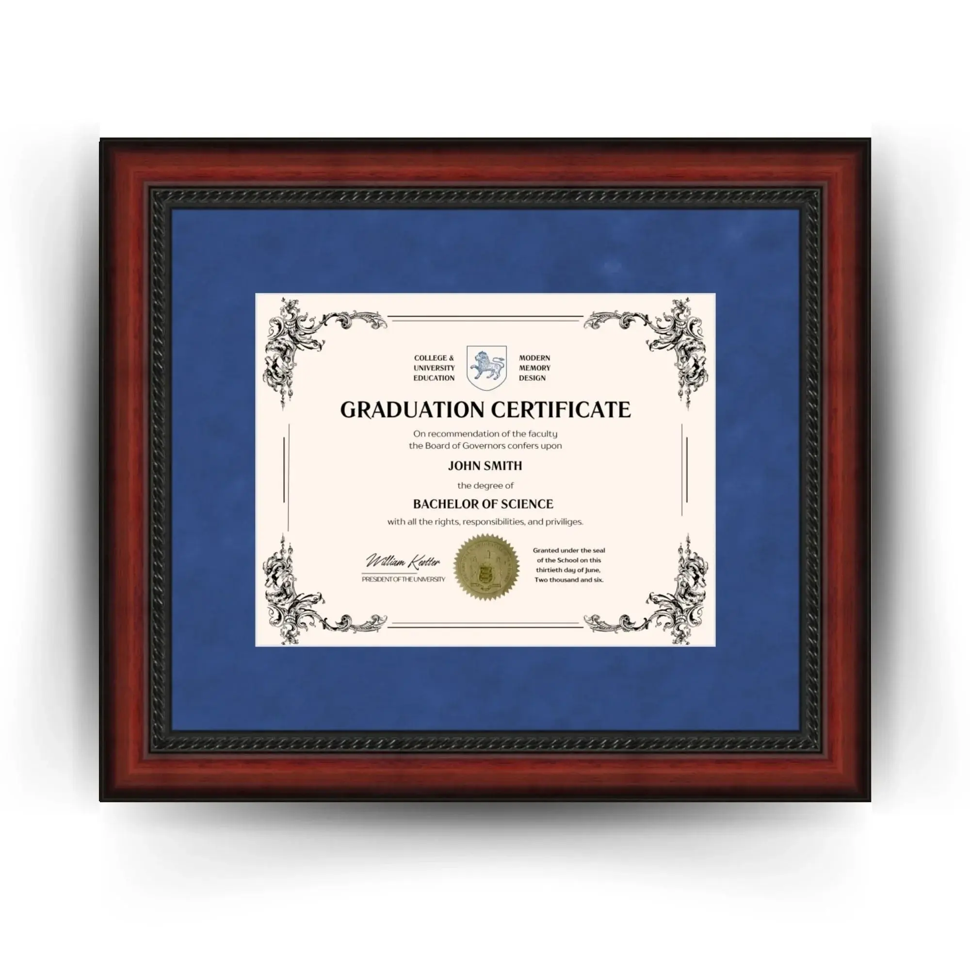 Florida International University Diploma Frame  Custom 8.5x11 Mahogany Frame with Blue Suede Matting
