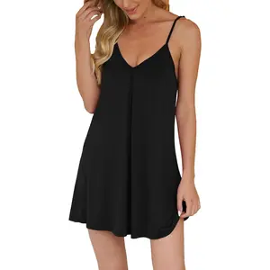 Elegant Nightgown for Women Loose Sleepwear V Neck Pajama Dress Soft Nightshirt Sleeveless Nightdress Chemise with Adjustable Spaghetti Straps