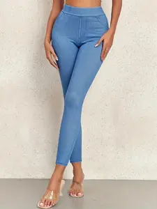 Artificial Denim Printed Leggings Casual High-Waist Daily Elastic Leggings with Fake Pockets Women's Clothing for Casual Outings