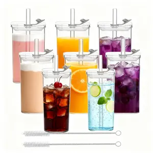 8 Sets Square Drinking Glass Cups, Old Fashioned Glasses, 12 Oz Square Glasses, Clear Highball Modern Glassware Tumbler Mixed Drinkware with Straws for Cocktail Coffee Juice Beer (Square-8PCS)
