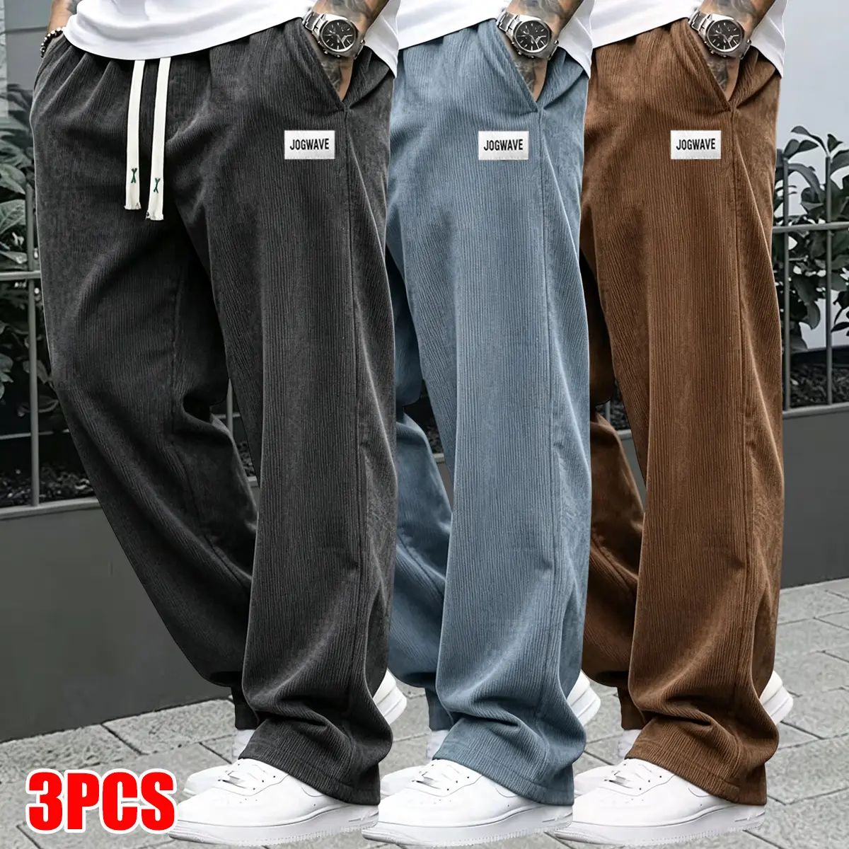 Men’s athletic fashion long pants, three-pack, made from corduroy fabric with an elastic waistband, suitable for all seasons—ideal for hiking, outdoor leisure, daily commuting, travel, and dates.