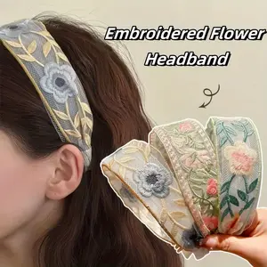 3 Piece Vintage Embroidered Lace Floral Headband Set Wide Hair Band for Women Fashion Hair Accessories Set