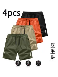 Men's Lightweight Quick-Dry Breathable Set of 4, Casual Sports Anti-Wrinkle Plain Reflective Striped Fitness Training Essential, Streetwear Sports Shorts