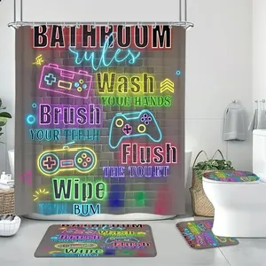 Game Console Pattern Bathroom Decor Set, 4 Counts/set Including Shower Curtain & Toilet U-shape Mat & Bathroom Mat & Toilet Lid Cover, Bathroom Accessories