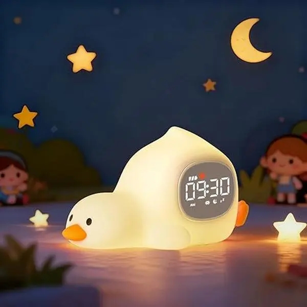 Lying Duck Kids' Sleep Trainer Alarm Clock - 7-Color Silicone Night Light, 6 White Noise Options, Dual Alarms, Snooze, Rechargeable Toddler Bedroom Bedside Clock, Ideal Birthday & Holiday Gift，kids alarm clock, silicone night light，bedside lamp clock