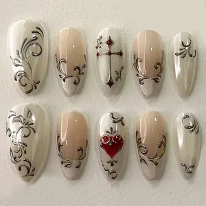 30pcs Almond Shape Handmade Nail Art, Vintage Cross Design, 3D Luxury Nails, High-Quality Manicure Accessories, DIY Nails Art