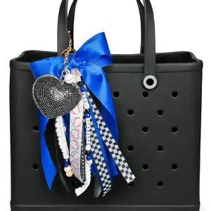 Baseball Mom Junk Keychain Blue Black and White with Heart Charm and Ribbon Tassel