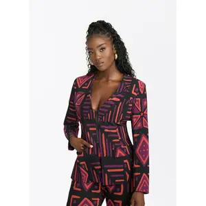 Fafa Womens African Print Stretch Blazer (Black Peach Tribal)