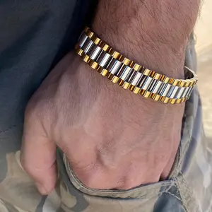 Men's Watchband Link Heavy Solid Stainless Steel Two Tone Hip Hop Bracelet 8.5"