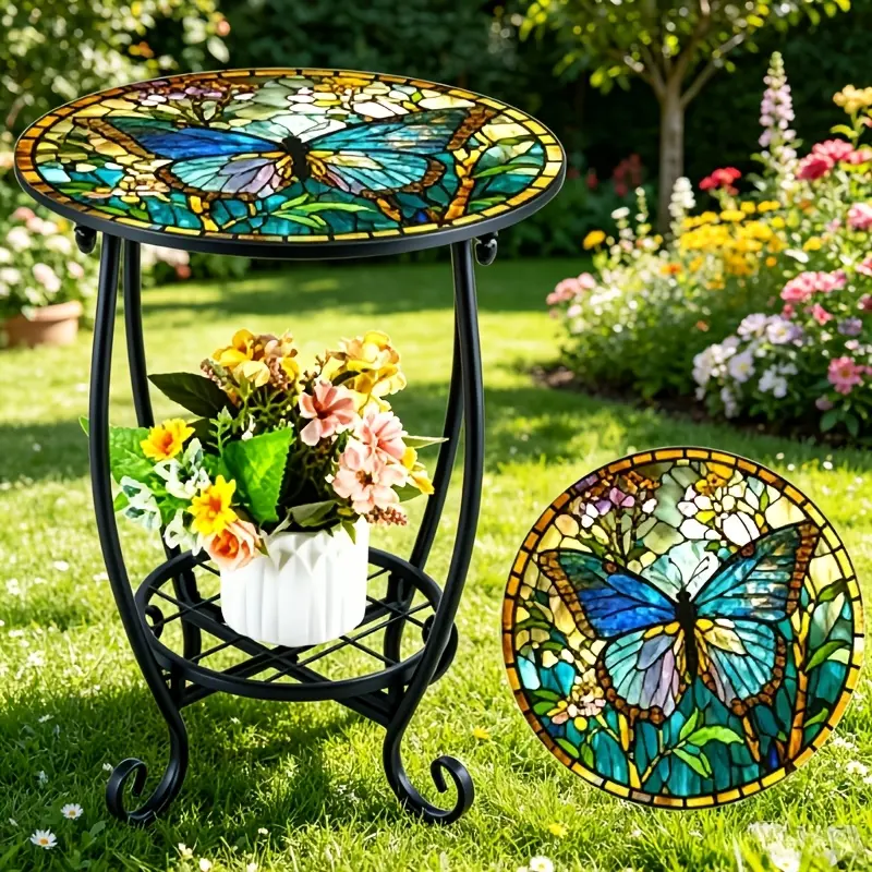 14-inch Butterfly-Edge Wrought Iron Small Tea Table with Plant Stand, Room Decor for Outdoor Patios, Terraces, Home Supplies