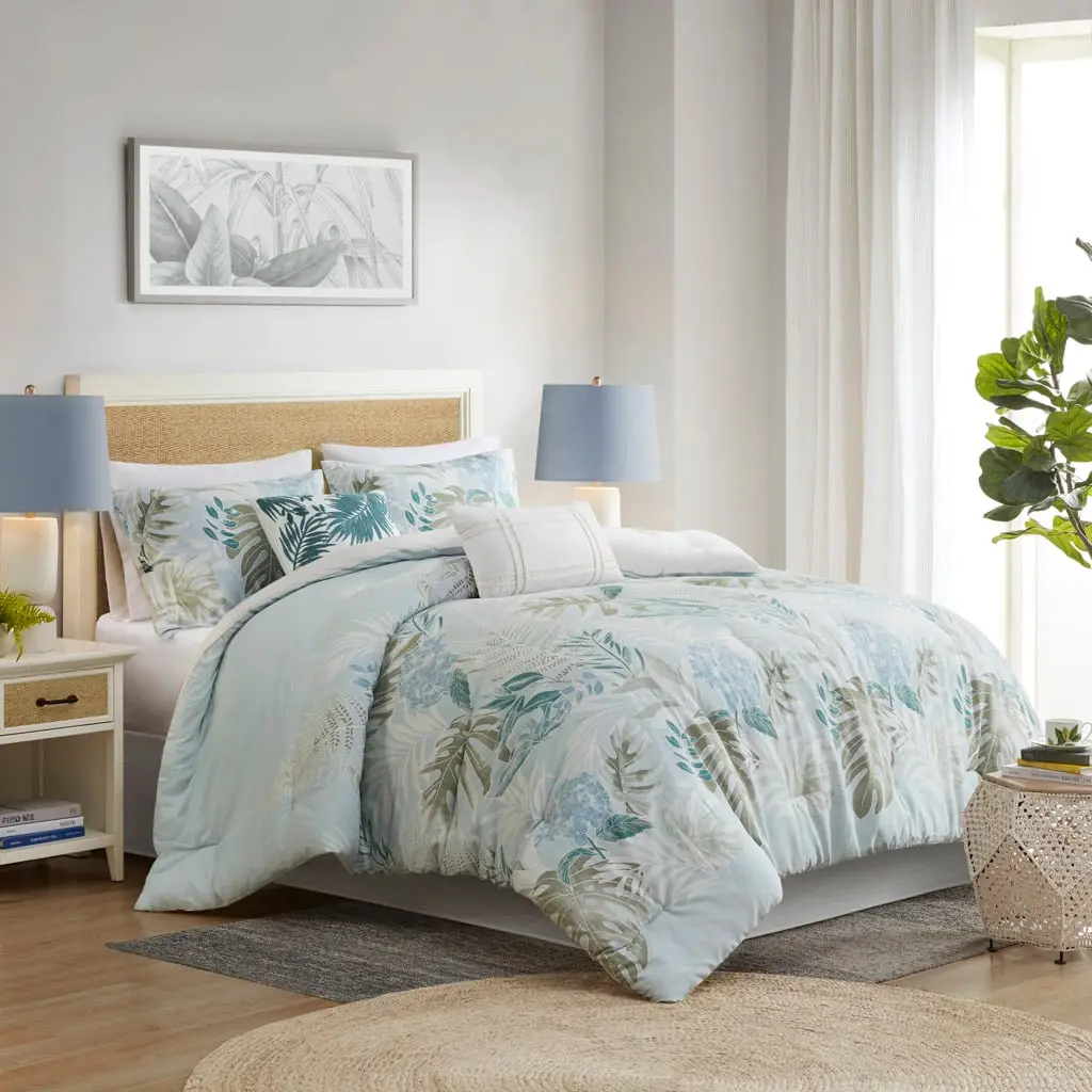 360 Stand California King Size 6-Piece Oversized Cotton Comforter Set with Throw Pillow, Blue, 110x96x1.5in, Cotton Fabric, Hypoallergenic Fill, Beach Vibes for Coastal Sleep on California King Bed, Coastal Bedding, Beachy Blues Bedding Sets Collections,