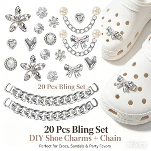 20 Pcs Bling Shoe Charms – Rhinestone Flower Pearl Gems with Silver Chains, DIY Decoration for Crocs Sandals Clogs, Sparkling Party Favor Accessories for Women