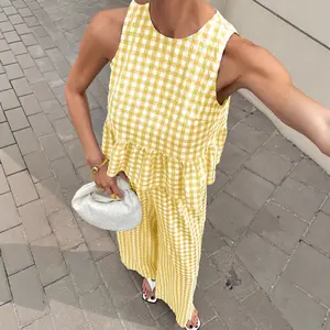 Women's 2 Piece Gingham Set Summer Outfits Ruffle Tank Top & Wide Leg Pants Matching Lounge Set for Casual Chic Womenswear Clothes