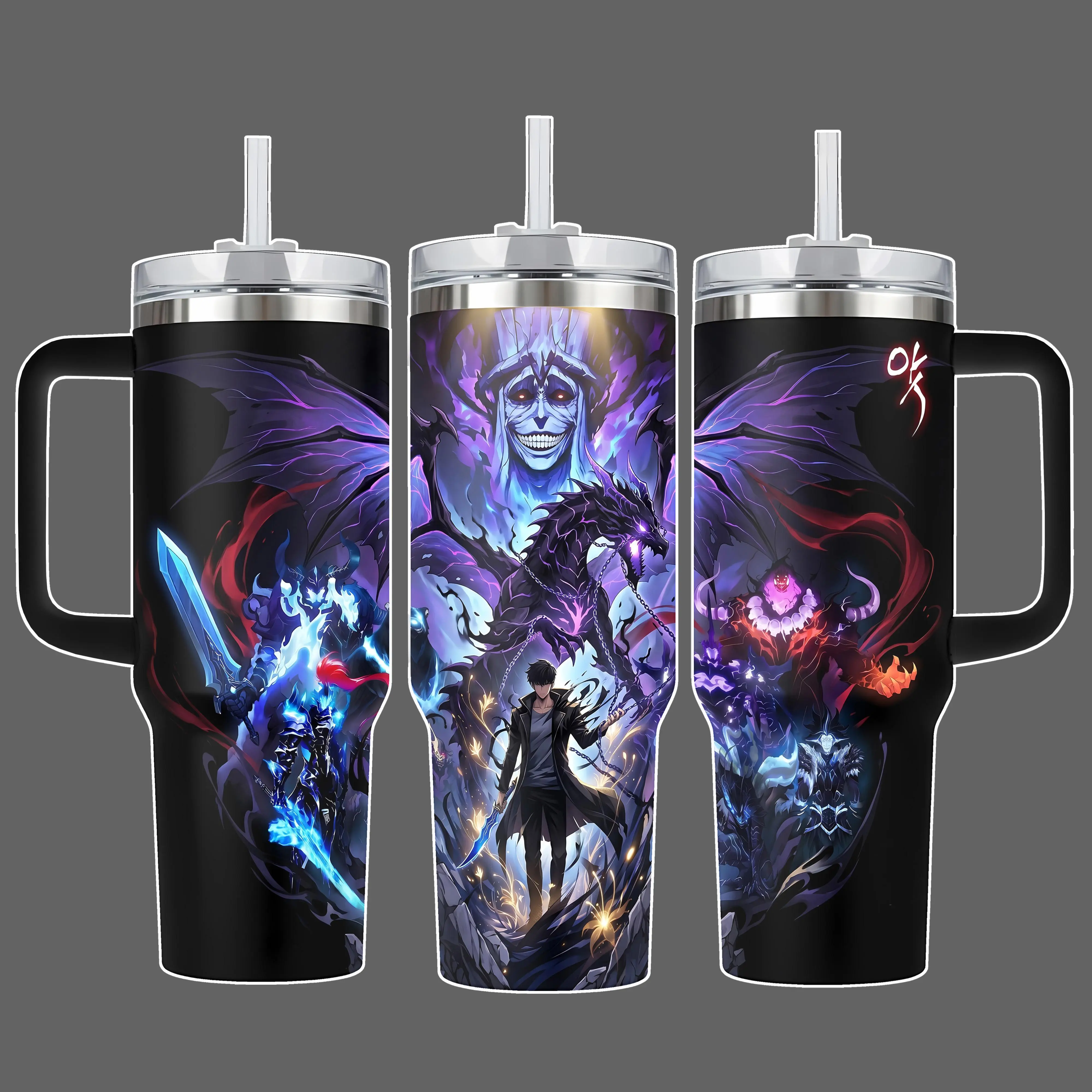 Solo Leveling Sung Jin-Woo Shadow Monarch Dragon Army Anime Tumbler Cup, Purple Blue Full Wrap Stainless Steel Insulated Tumbler