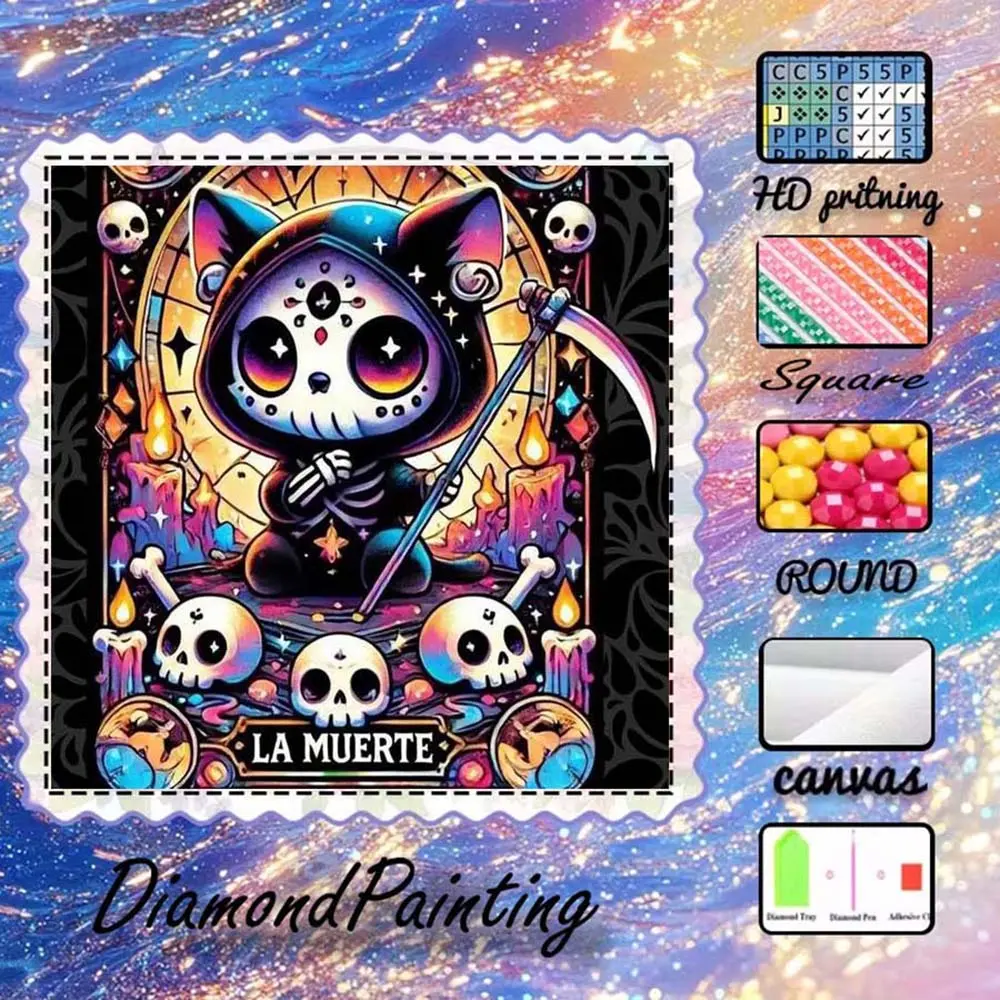 DIY 5D flocking cloth diamond painting kit, AB diamonds, fairy dust diamonds, crystal diamonds, skull, pink, cat diamond embroidery, special craft diamond art kit, wall decoration, gift for family, loved ones, friends, Handcraft, Halloween