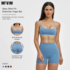 MFVIM women’s sports yoga set featuring a thin-strap push-up bra and high-waisted casual shorts; form-fitting color-block activewear for outdoor running and fitness; knee-length solid-color design; yoga outfit set