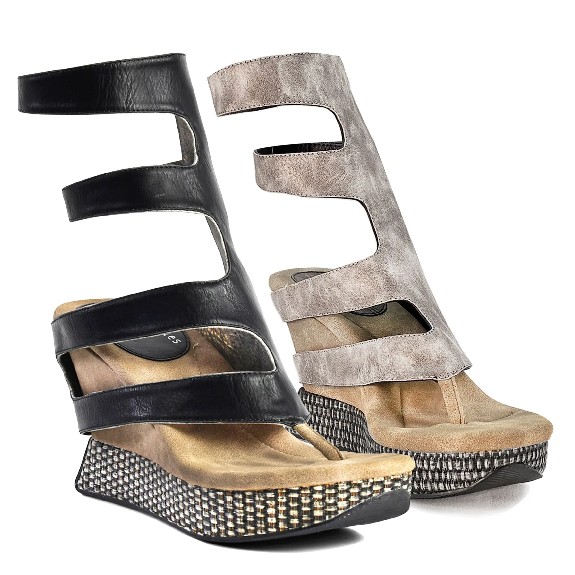 Women's Reversible High Wedge Sandals, Stretch Fabric Open Toe Platform Shoe with Asymmetrical Cutouts and Flip Upper, Sandal, Footwear, Design, Velcro Straps, Vegan Leather