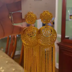 Waterproof Gold Earring Set with Intricate Filigree Design and Long Tassel Accents for Elegant Wear