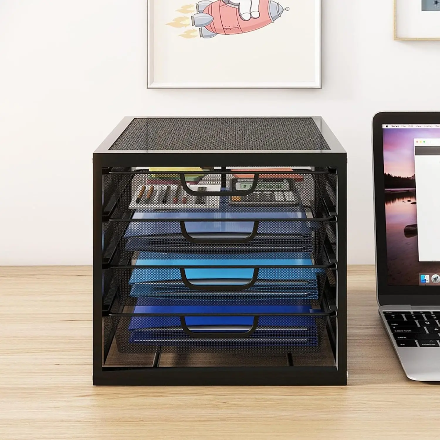Mesh Desk Organizer with 4 Tier Sliding Drawers, Office Supplies Desktop Organizers and Accessories Stationery Storage, Paper Sorter, File Binder Organizer for Home Office School,Black