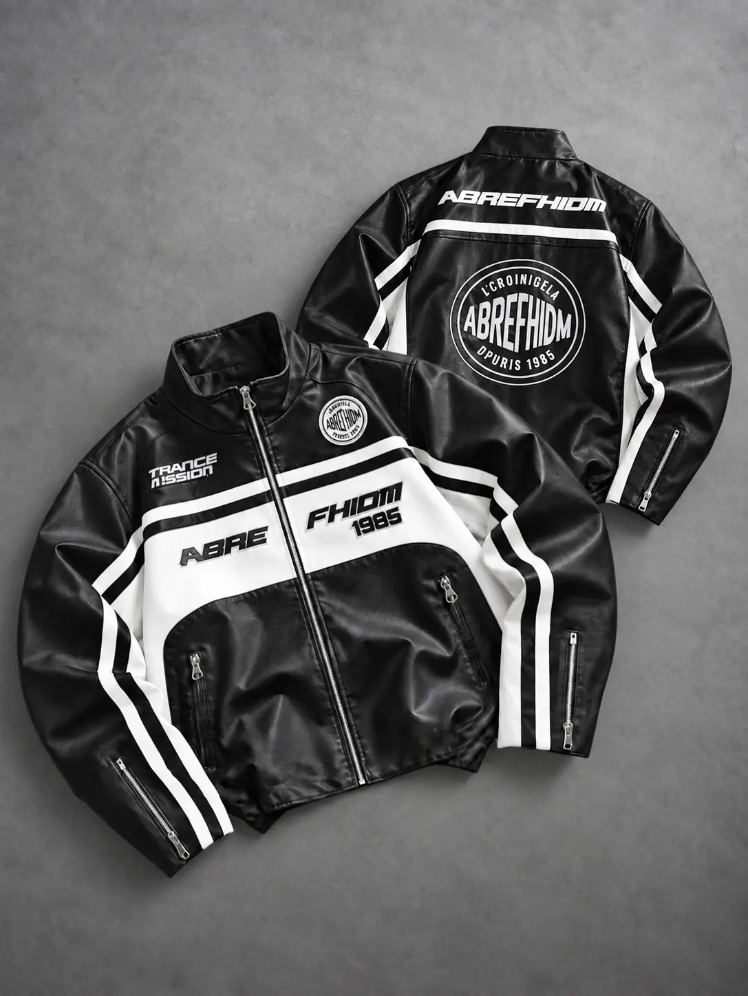 Vintage Racing Jacket Streetwear Leather Jacket, Y2K Moto Biker Coat, Black White Color Block Zip Up Outerwear, Graphic Motorcycle Jacket, Retro Hip Hop Unisex Casual Fall Winter Fashion for Men Women